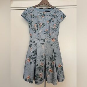 French Connection Dusty Blue Floral Cap-Sleeve Fit & Flare Dress